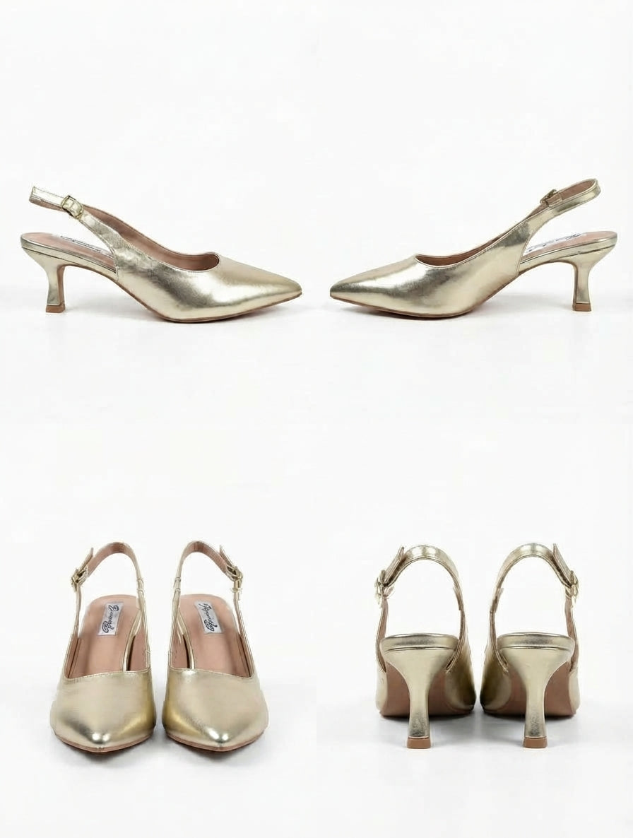 Zapatos Destalonados de Tacón Fino y Puntera Fina en Dorado Metalizado
