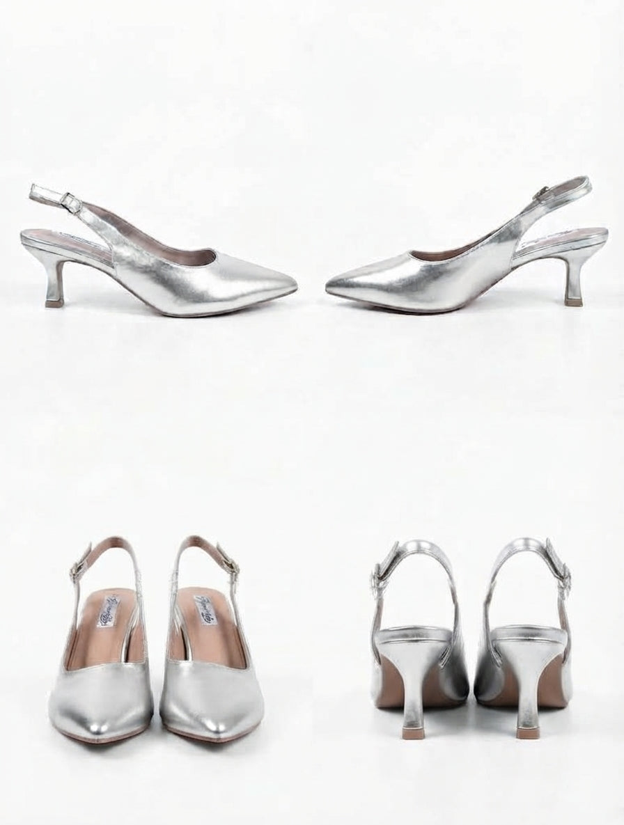 Zapatos Destalonados de Tacón Fino y Puntera Fina en Plateado Metalizado