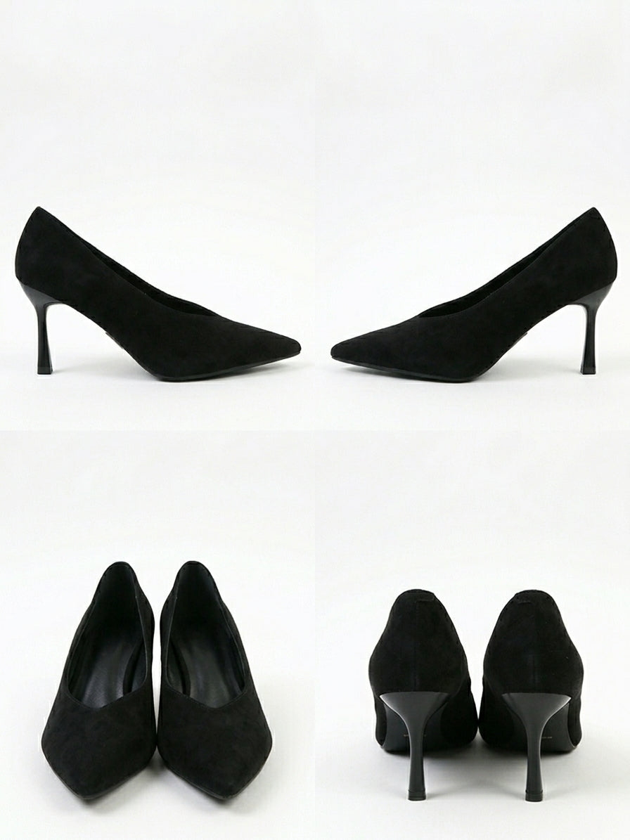 Zapato de Salón en Ante Negro con Tacón Acampanado
