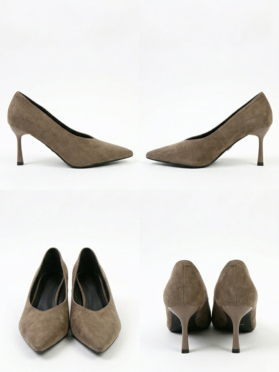 Zapato de Salón en Ante Beige Taupe con Tacón Acampanado