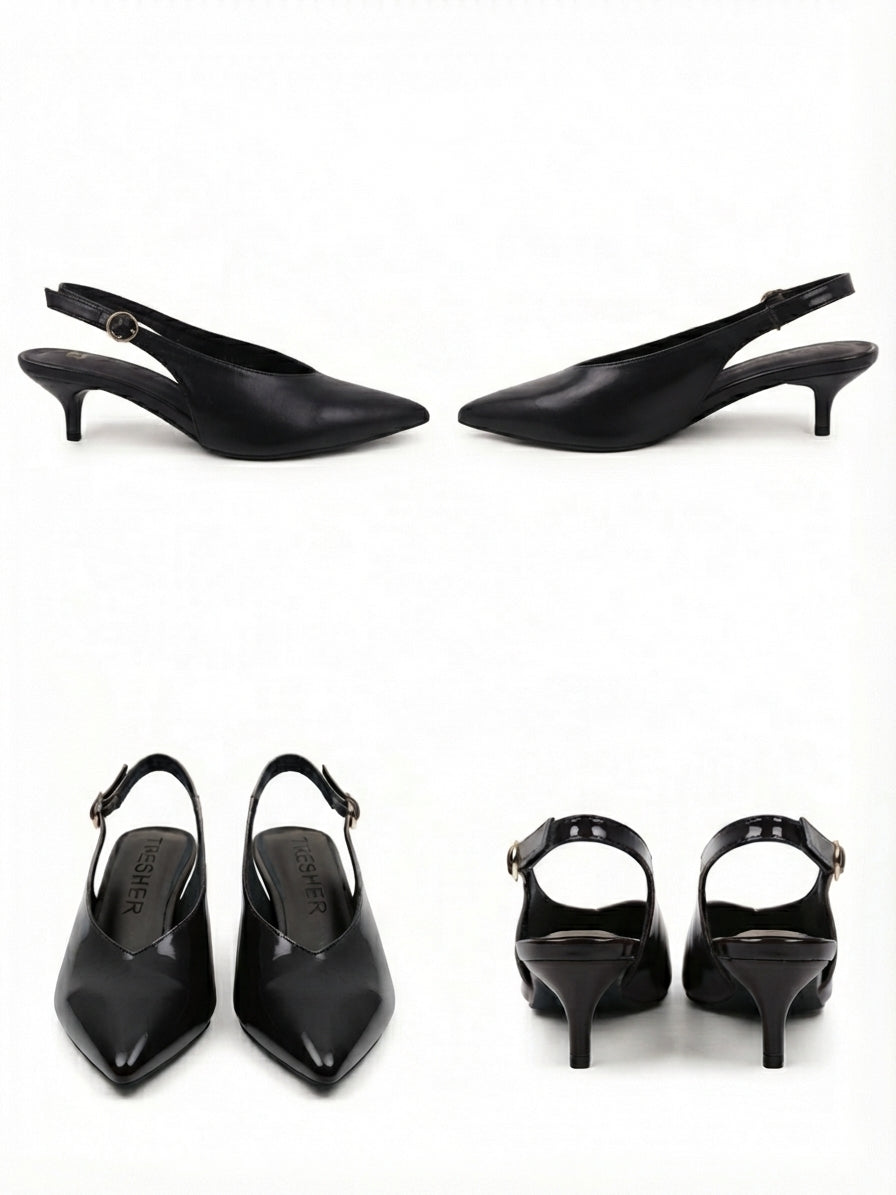 Zapato Destalonado de Charol Negro con Tacón Sensato (Slingback)