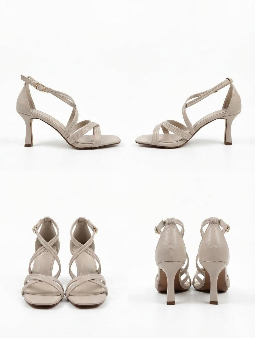 Sandalias de Tacón Fino y Múltiples Tiras Cruzadas en Color Nude