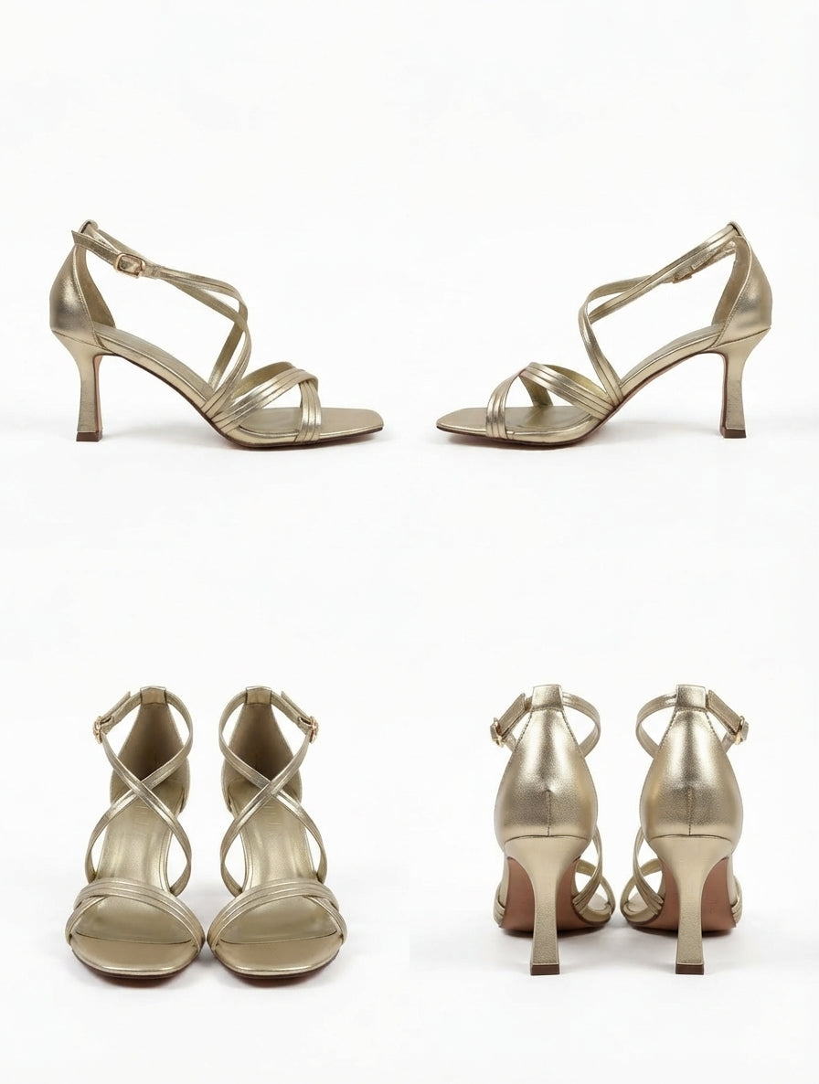 Sandalias de Tacón Fino y Múltiples Tiras Cruzadas en Dorado Metalizado