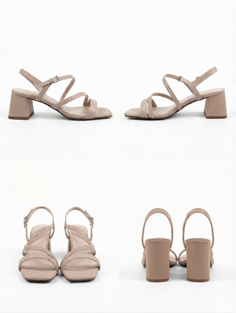 Sandalias de Tacón Ancho y Tiras Cruzadas en Color Nude