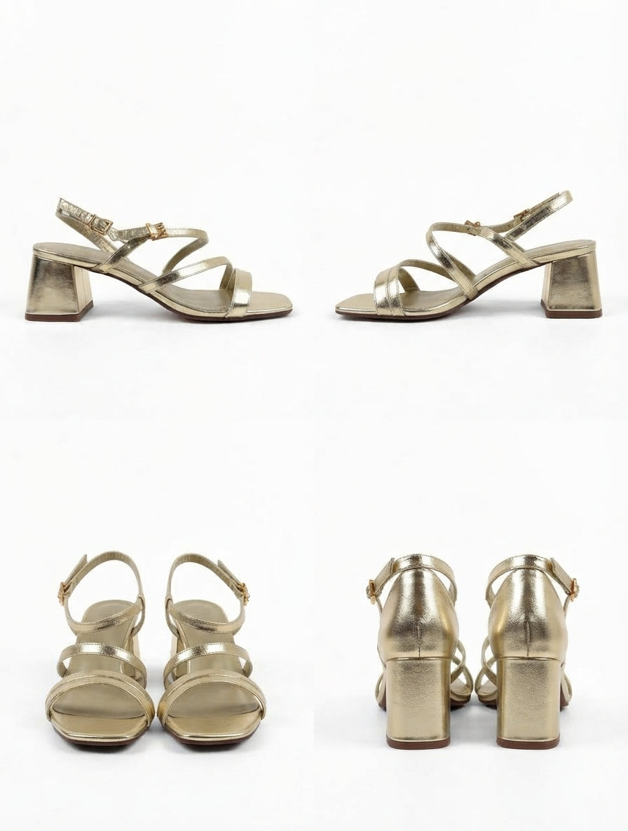 Sandalias de Tacón Ancho y Tiras Cruzadas en Dorado Metalizado