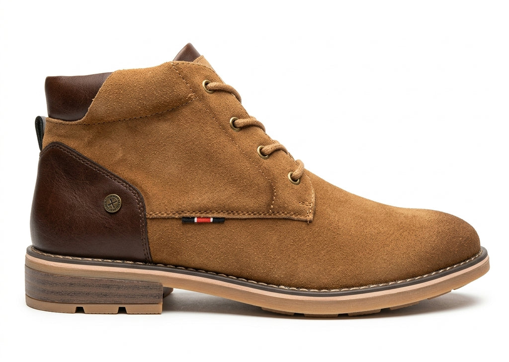 Botín de Hombre XTI en Serraje Camel con Cordones y Talonera Combinada