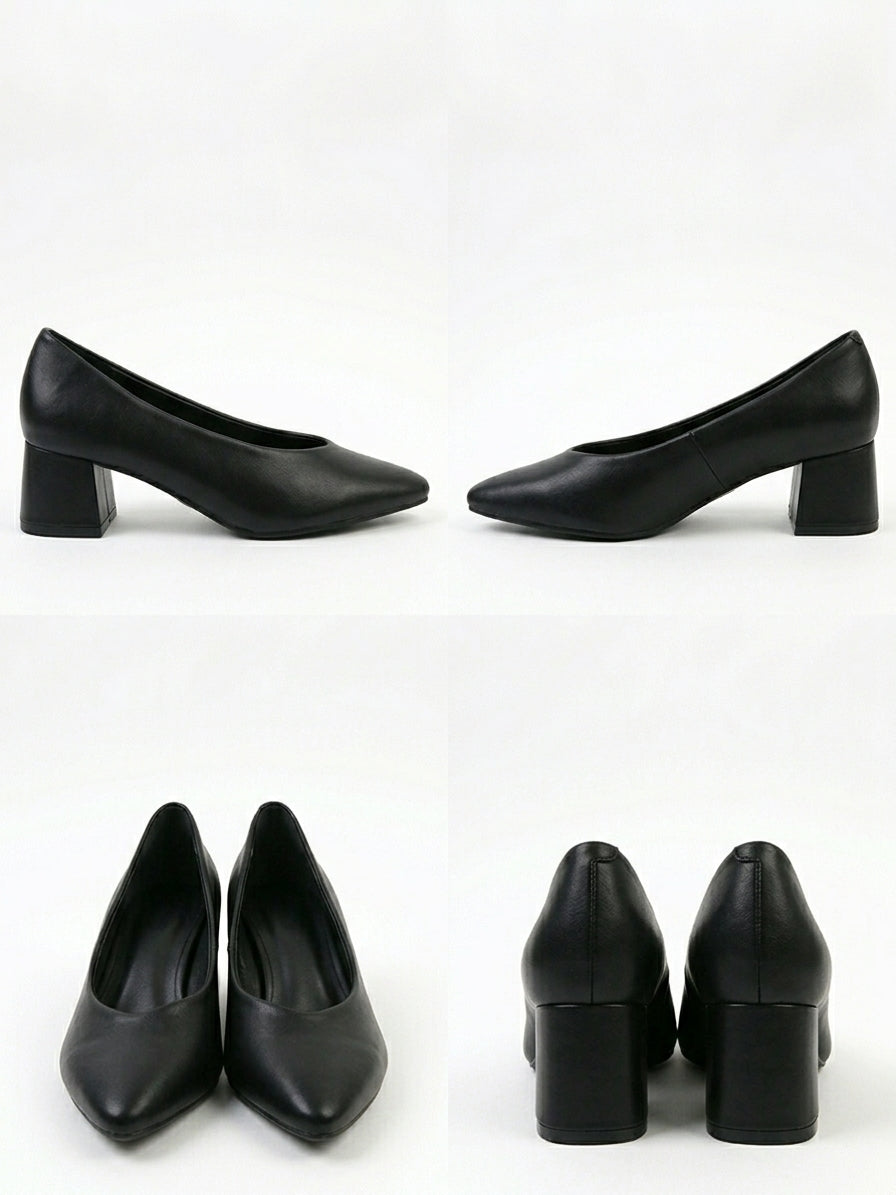 Zapato de Salón en Piel Vegana Negra con Tacón Ancho y Puntera Fina