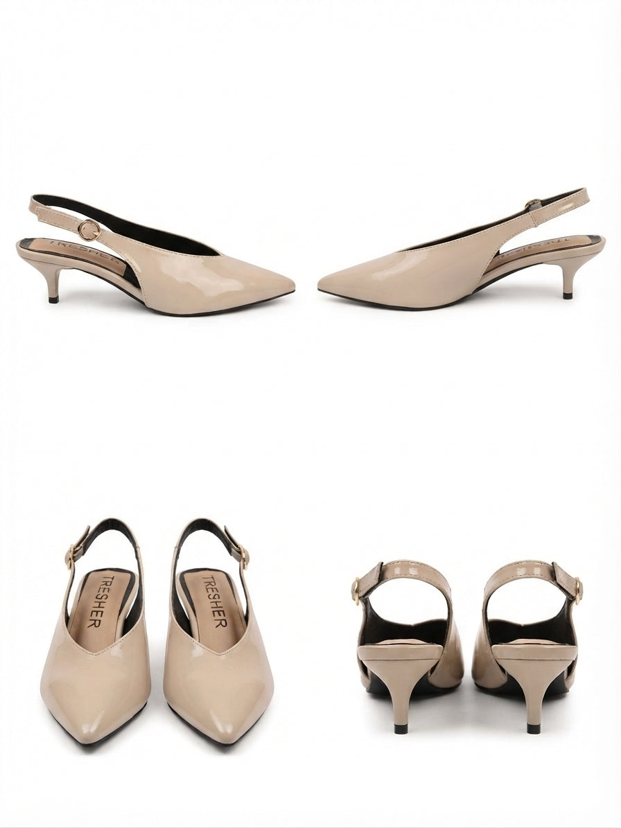 Zapato Destalonado de Charol Beige Crudo con Tacón Sensato (Slingback)