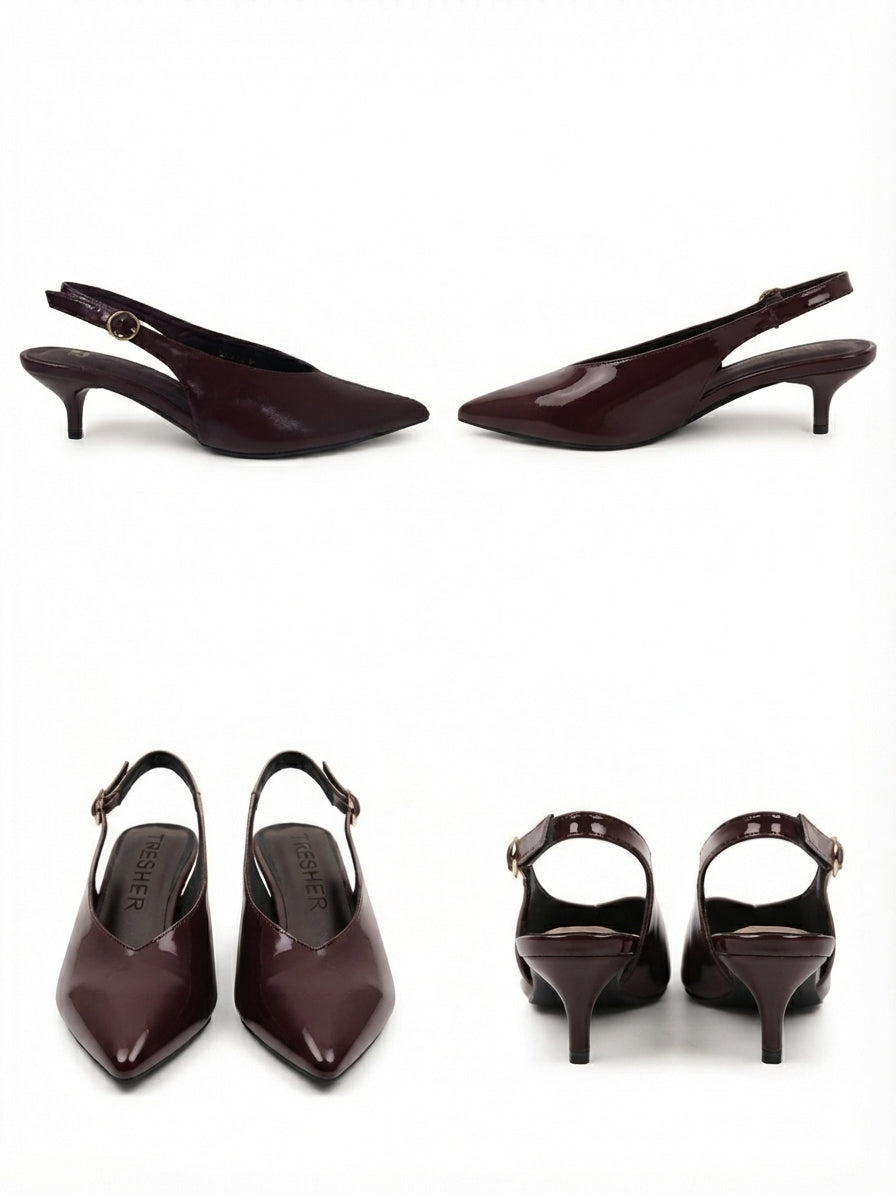 Zapato Destalonado de Charol Rojo Burdeos con Tacón Sensato (Slingback)