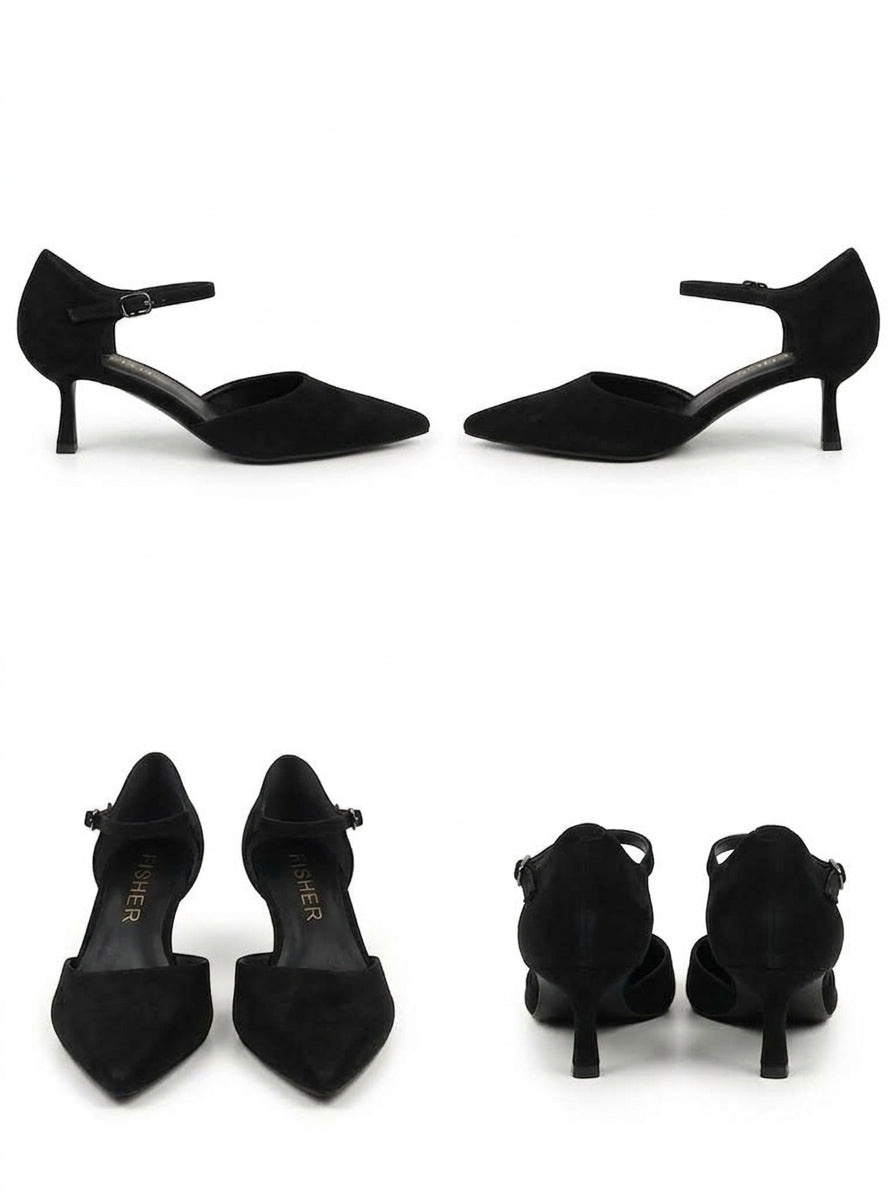 Zapato de Tacón Sensato en Ante Negro con Pulsera al Tobillo