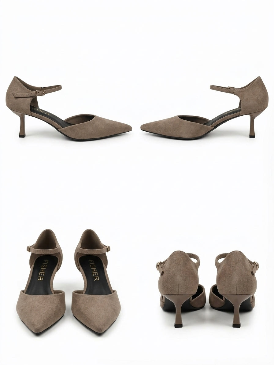 Zapato de Tacón Sensato en Ante Beige con Pulsera al Tobillo