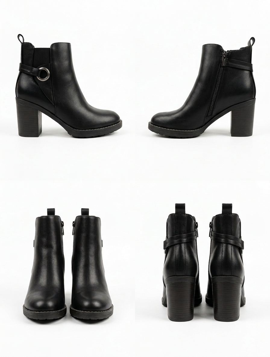 Botines Negros de Piel Vegana con Tacón Alto y Hebilla Decorativa