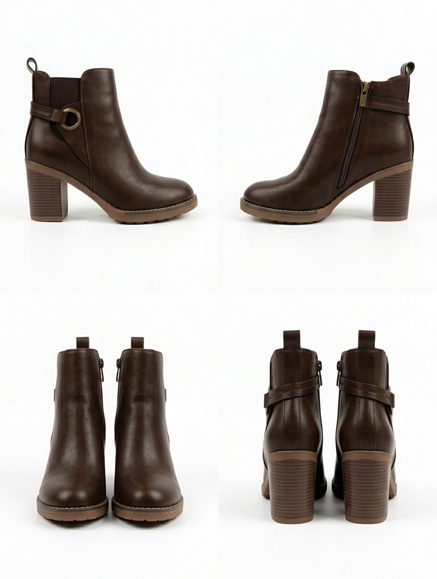 Botines Marrones de Piel Vegana con Tacón Alto y Hebilla Decorativa