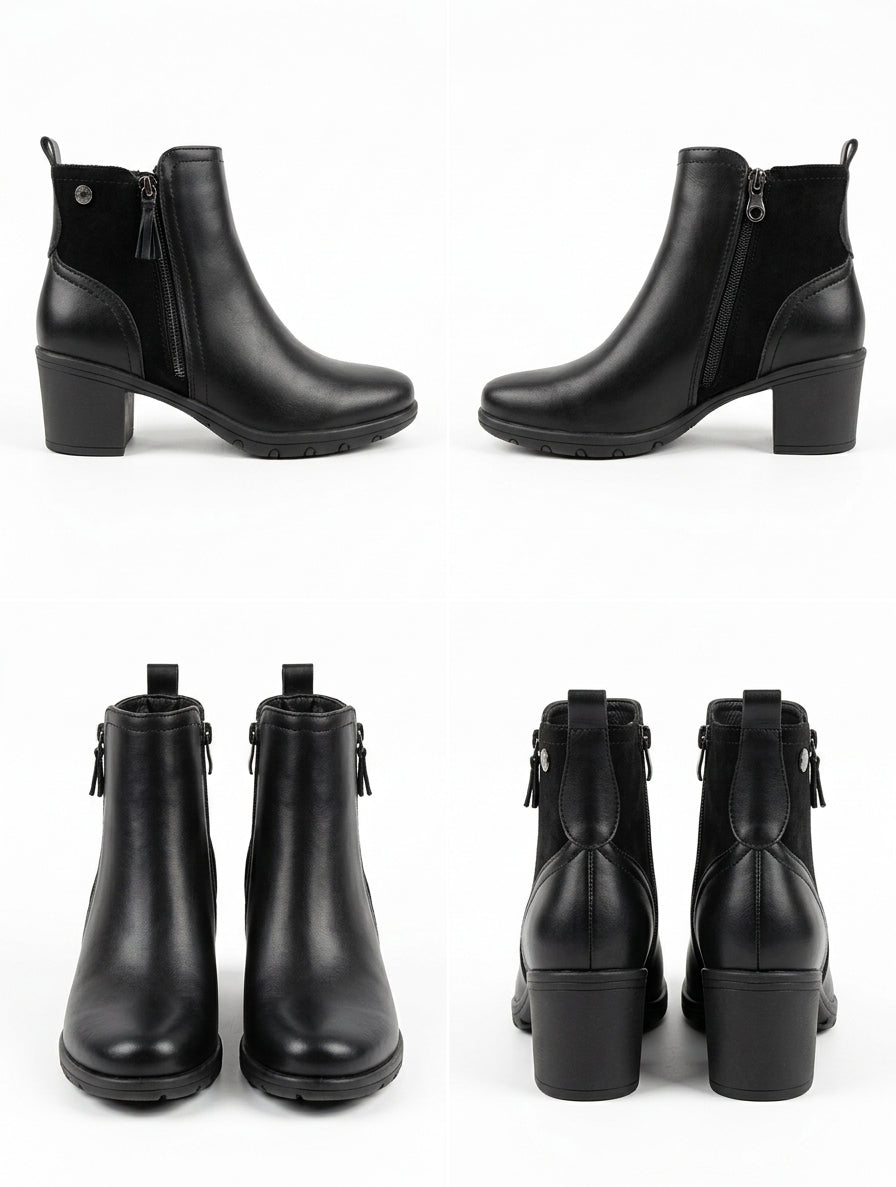 Botines Negros de Piel Vegana con Detalle en Ante y Tacón Cómodo