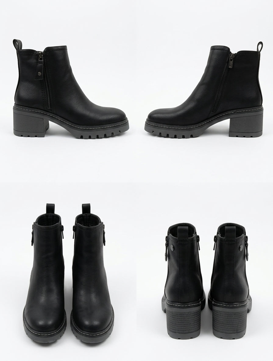 Botines Negros de Piel Vegana con Suela Dentada y Tacón Ancho