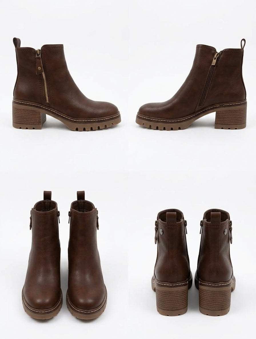 Botines Marrones de Piel Vegana con Suela Dentada y Tacón Ancho