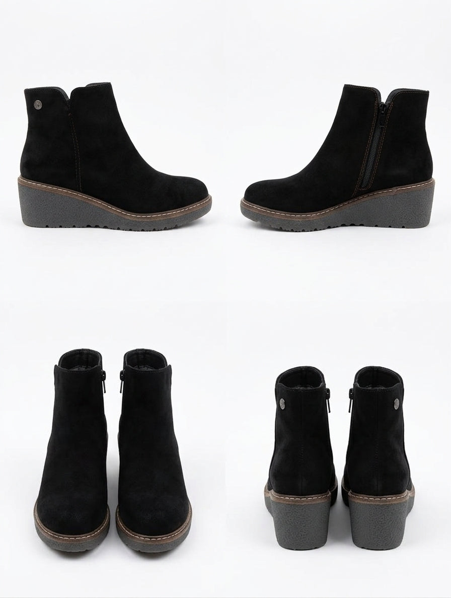 Botines Negros con Cuña en Piel Vegana Efecto Ante