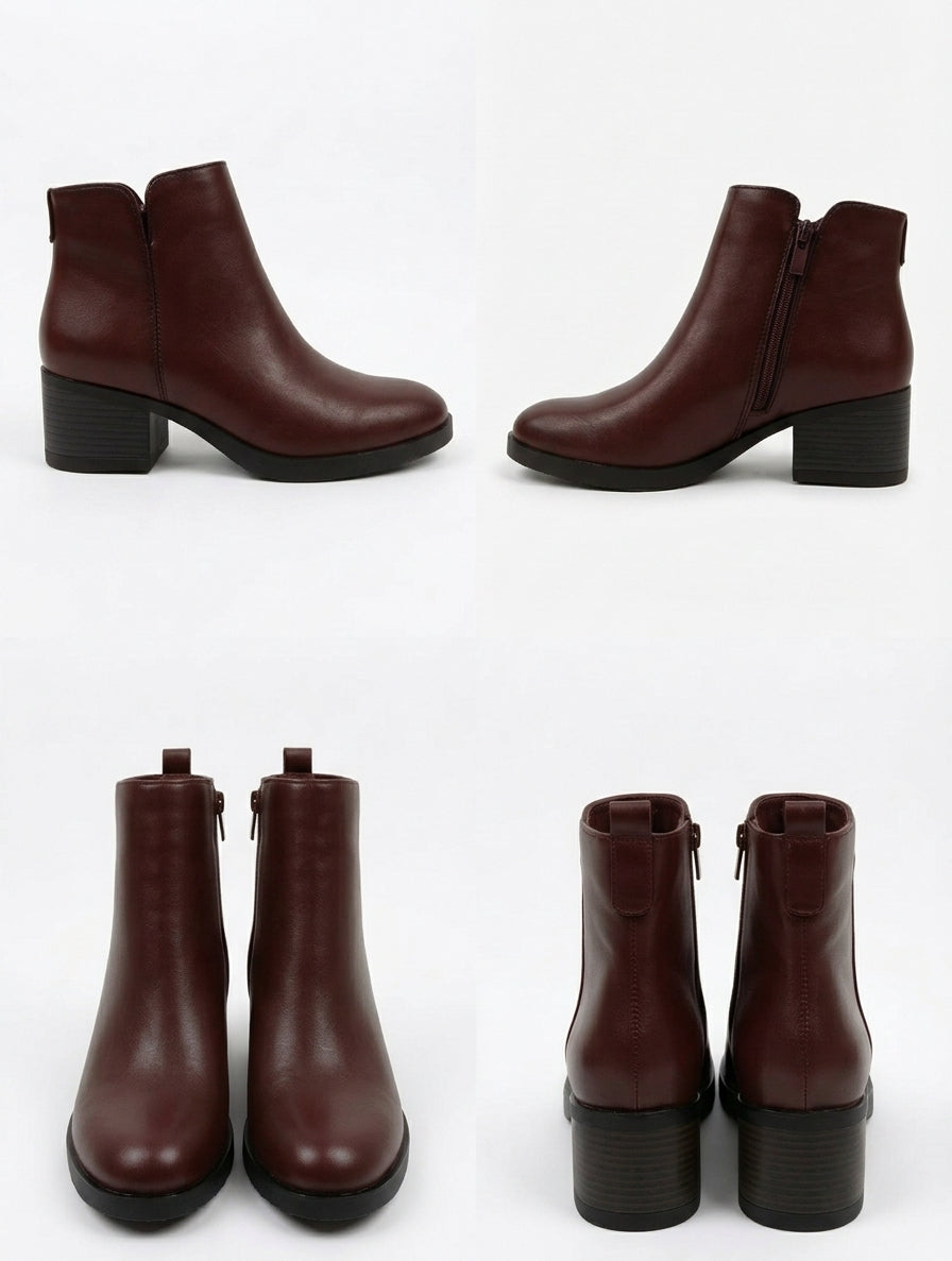 Botines Tacón Medio Piel Vegana Burdeos