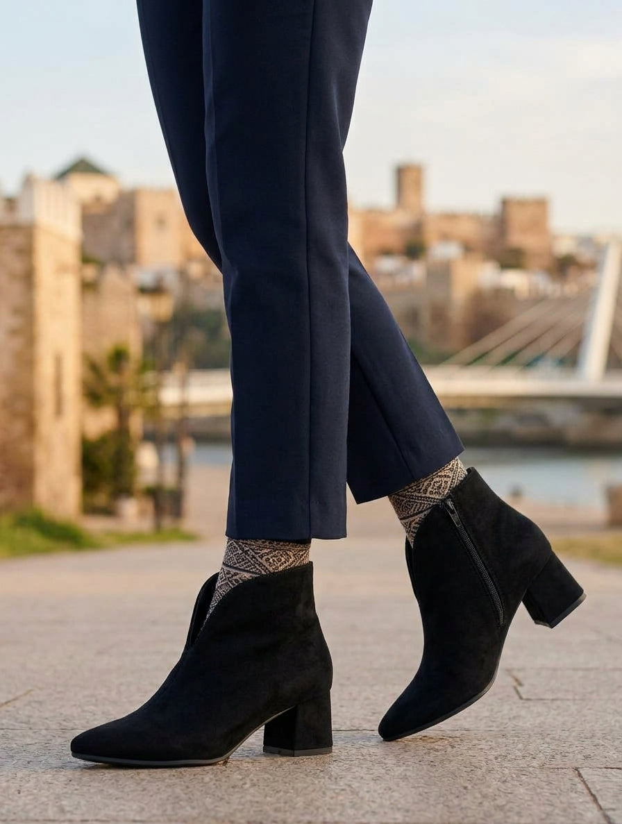 Botines de Ante Negro con Escote Profundo en V y Tacón Bloque