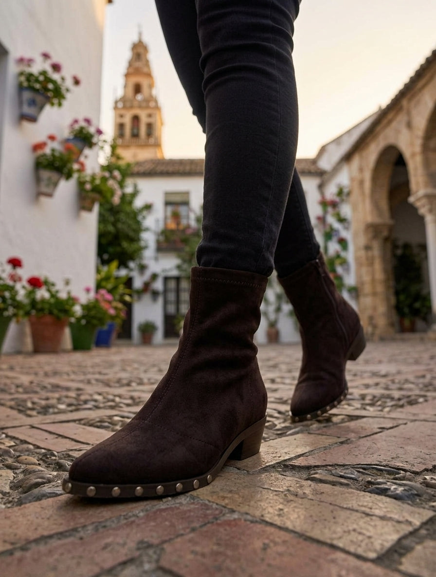 Botines de Ante Marrón Chocolate con Tachuelas en la Suela y Tacón Bajo