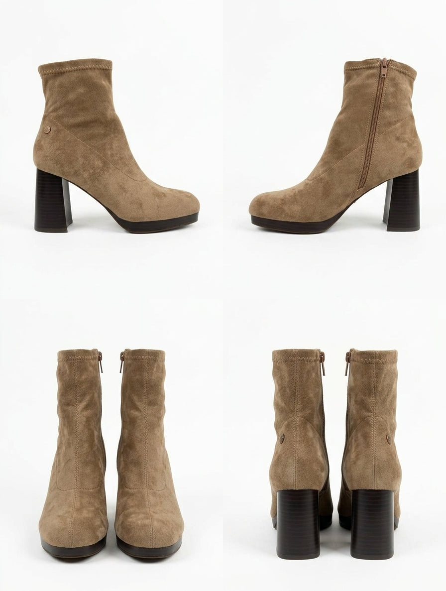 Botines de Ante Beige Taupe con Tacón Ancho y Plataforma