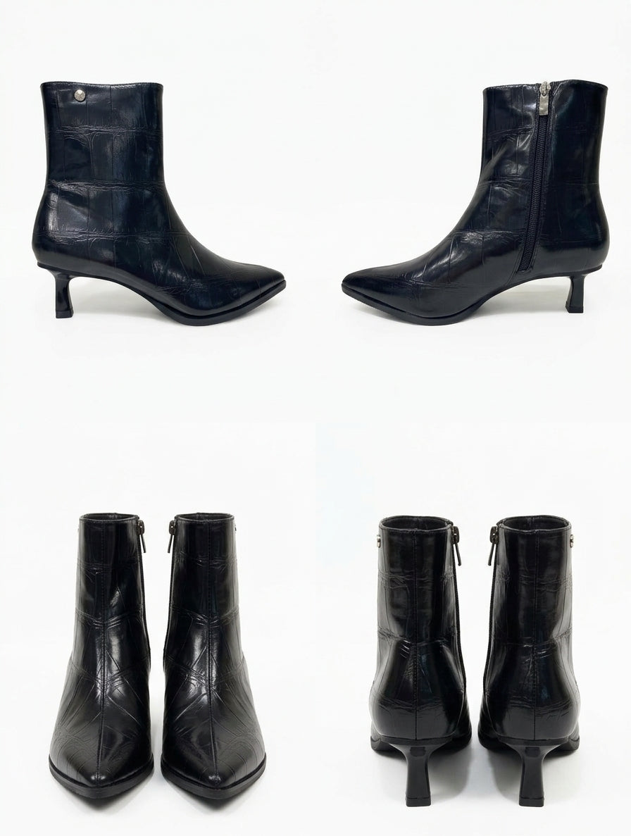 Botines de Mujer con Tacón Sensato en Efecto Cocodrilo Negro