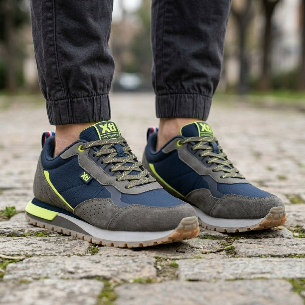 Zapatillas Casual Hombre XTI Azul Marino con Detalles Flúor