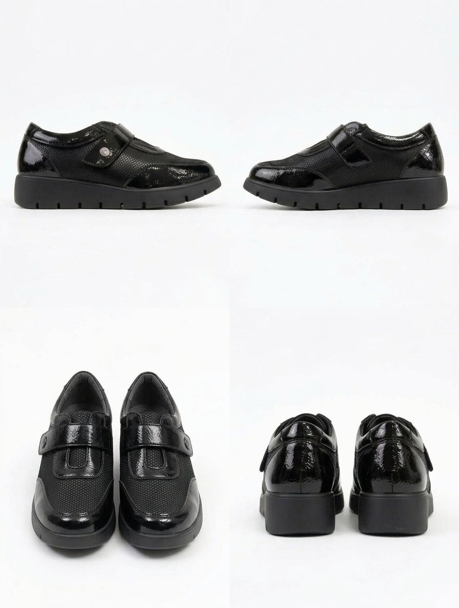 Zapato Confort Negro de Piel Vegana con Tira de velcro y Acabado Charol