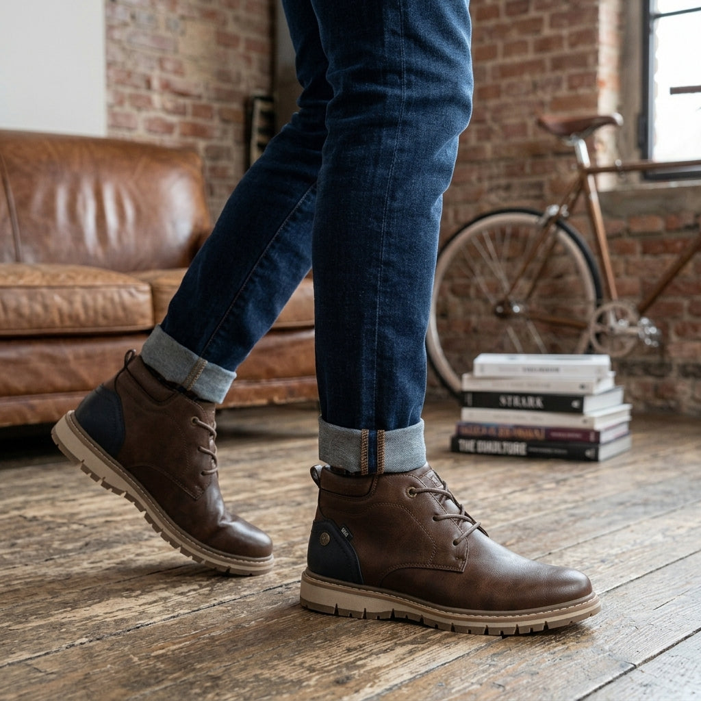 Botín Casual de Hombre XTI Marrón Chocolate con Talonera Azul Marino