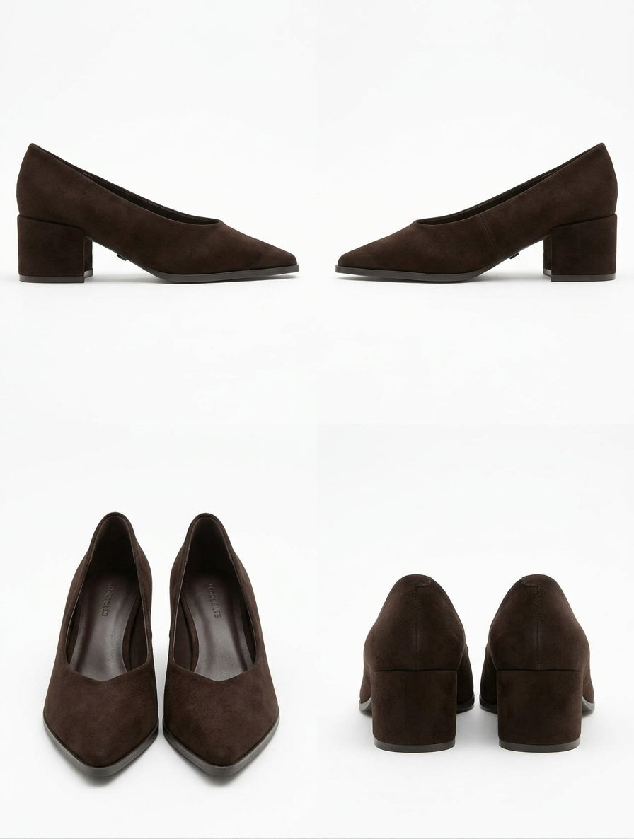 Zapato de Salón Cómodo con Tacón Ancho y Acabado Antelina Marrón Chocolate