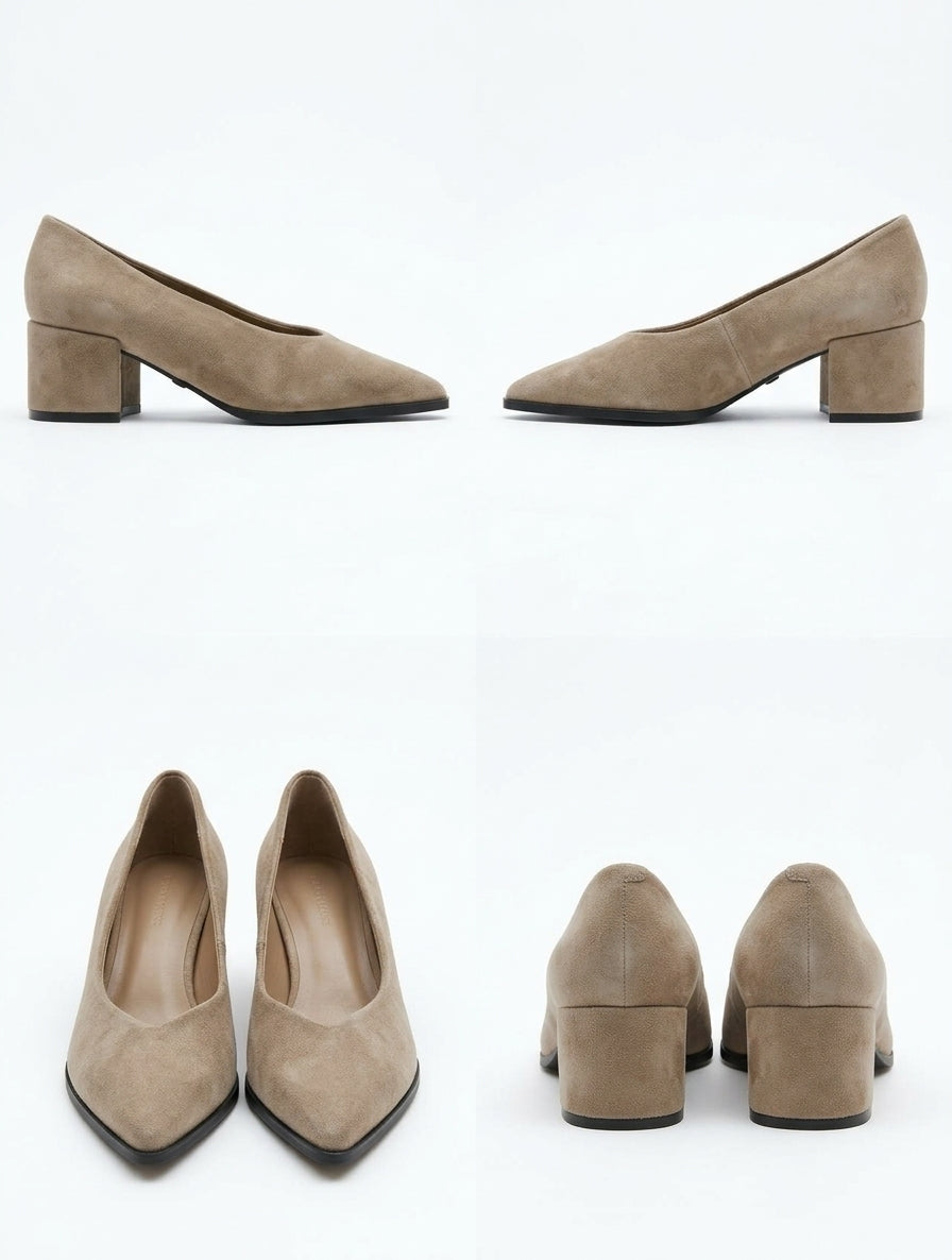 Zapato de Salón Cómodo con Tacón Ancho y Acabado Antelina Topo