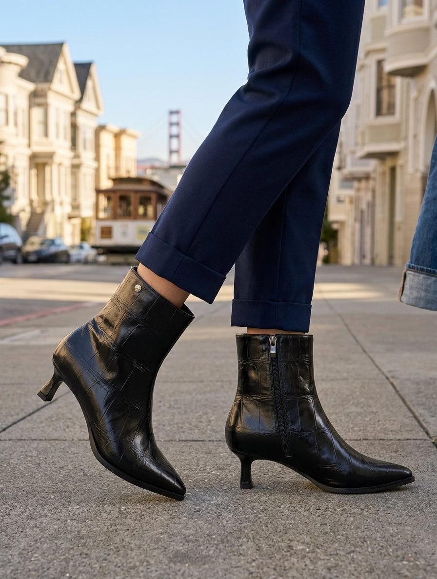 Botines de Mujer con Tacón Sensato en Efecto Cocodrilo Negro