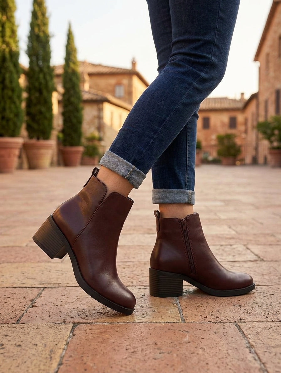 Botines Tacón Medio Piel Vegana Burdeos