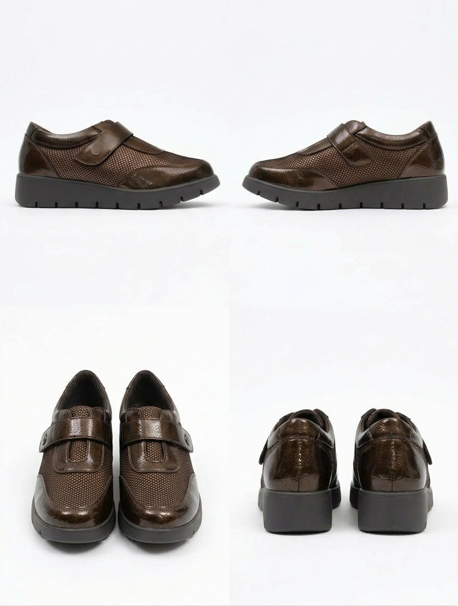 Zapato Confort Marrón de Piel Vegana con Tira De Velcro y Acabado Brillo Bronce