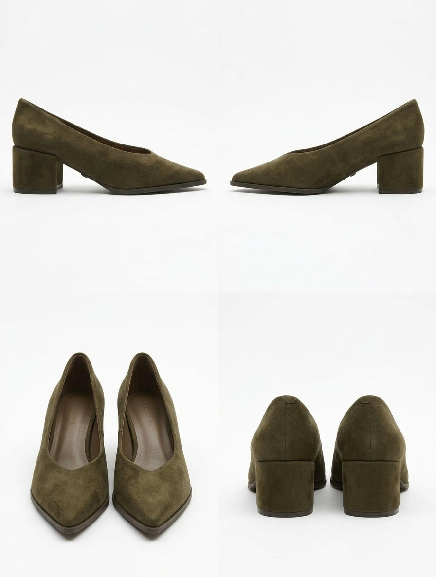 Zapato de Salón con Tacón Ancho en Ante Verde Oliva y Punta Fina