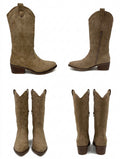 Botas Camperas de Mujer en Serraje Beige Topo con Bordados y Tachuelas